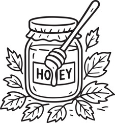 Honey Jar illustration: A detailed illustration of a jar of honey with honey dipper surrounded by leaves. It's a simple yet appetizing view of a wholesome and natural product.