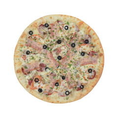 Pizza with meat and olives on a white background