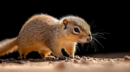 Naklejka premium Young ground squirrel exploring natural habitat in warm sunlight against dark background, close-up view showing detailed fur texture and whiskers, wildlife photography.