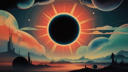 Obraz premium Striking Cityscape Painting Featuring a Gigantic Sun and Towering Buildings Under a Dramatic Sky with Swirling Clouds