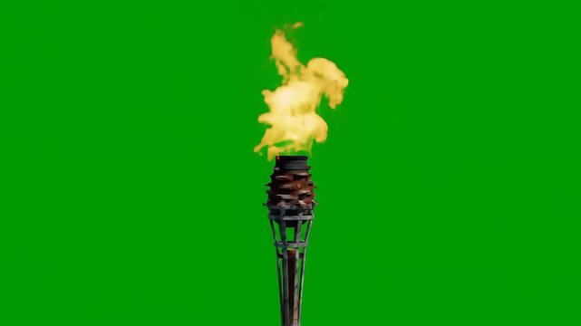 Luminous tiki torch flames dancing against green screen background creates a vibrant tropical mood