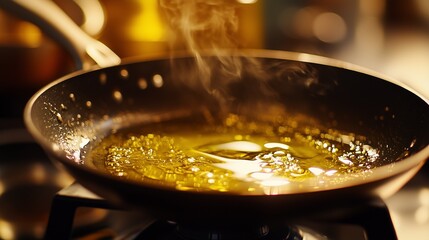 Pan with oil on stove. Realistic video of olives frying in pan oil. Kitchen with a wide angle of 16:9 aspect ratio and a wide angle of 4k resolution. A skillet containing oil on lifestyle a burner.