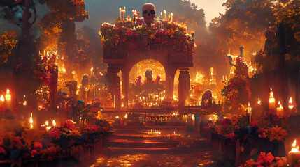 A cinematic ultra-detailed travel scene of Day of the Dead festival in Mexico with glowing candles