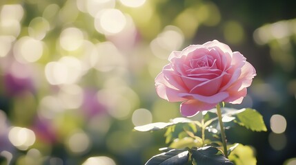 Obraz premium Pink rose in the garden wallpaper. Realistic video of a pink rose in a garden. Bokeh is a delicacy and romance that is a perfect summer treat. Wallpaper featuring pink roses in the lifestyle garden.