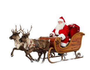 Santa Riding Sleigh with Reindeer in Flight, Classic Christmas Scene, isolated on transparent background PNG