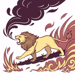 Majestic lion charging through vibrant flames and smoke, wildlife art, vector