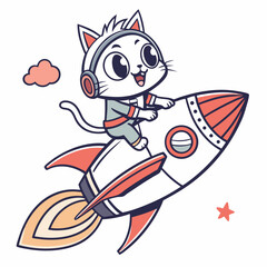 cat cute riding rocket vector logo design