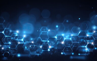 Abstract digital hexagon background with glowing blue lights and bokeh.