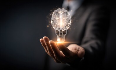 Businessman holding glowing brain inside lightbulb, representing innovation and ideas.