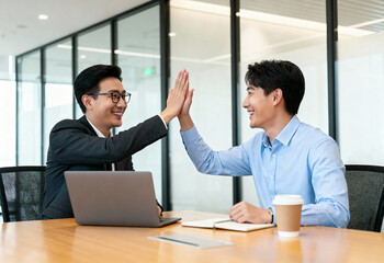 High-Five Celebration Between Colleagues in Modern Office Environment
