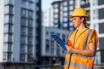 Confident Female Construction Worker With Clipboard at Urban Building Site