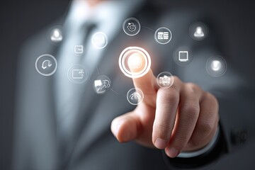 Businessmans finger touches a glowing digital interface, technology concept.