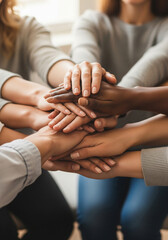 Several hands from diverse group of people hands folded on top of each other. Teamwork, community and solidarity, shared purpose and support. Psychological assistance for individuals in need