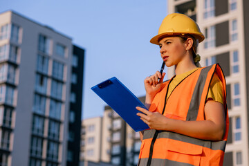 Female Construction Worker Reviewing Plans with Modern Buildings in the Background