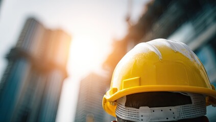 Yellow hard hat on construction site, safety equipment.