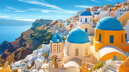 Naklejka premium A cinematic ultra-detailed travel scene of Santorini island whitewashed houses with blue domes