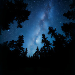 Naklejka premium Photography, starry night, taken in the forest, mountains, gaps, between trees, visible, milky Way, subtle, emotional, surreal.