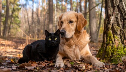 Golden retriever and black cat in autumn forest (1)