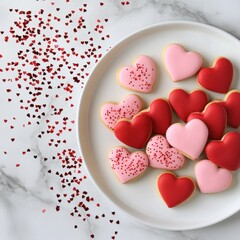A plate of heart-shaped cookies in red and pink, adorned with sprinkles, surrounded by scattered red and pink confetti.
