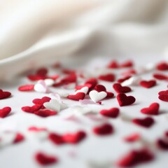 A romantic display of red and white heart-shaped confetti scattered on a soft surface, ideal for celebrations and special occasions.