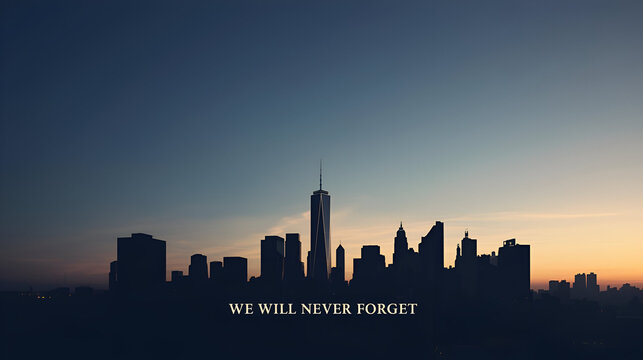 September 11 tribute banner skyline silhouette with Twin Towers and message We will never forget design