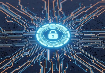 Digital illustration of a glowing blue padlock icon at the center of a complex circuit board, symbolizing digital security and data protection