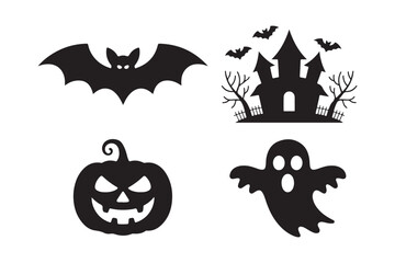 Spooky halloween silhouettes featuring a bat pumpkin castle and ghost