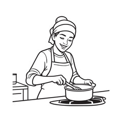 Black and White Vector Illustration of a Smiling Woman Cooking in Kitchen with Apron and Headband