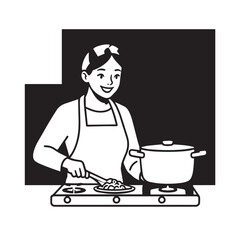 Black and White Vector Illustration of a Smiling Woman Cooking in Kitchen with Apron and Headband