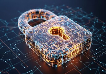 A futuristic, transparent padlock made of glowing orange and blue circuits, representing digital encryption and secure data storage