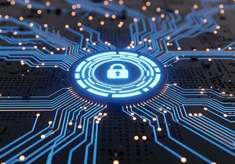 Closeup of a glowing blue circuit board with a digital padlock symbol in the center, symbolizing cybersecurity and data protection