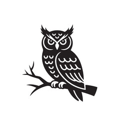A stylized black silhouette of an owl perched on a branch, isolated on a white background technology background