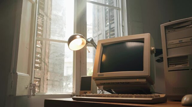 Retro pc computer gaming, Desktop vintage with loading code console, programmer making scripts, green basic screen, Old computer studio close-up, retro wave display, late 90s PC.