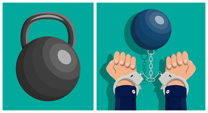 Criminal hands with handcuffs and metal ball with kettlebell. Crime imprisonment penalty concept. Law and punishment illustration.