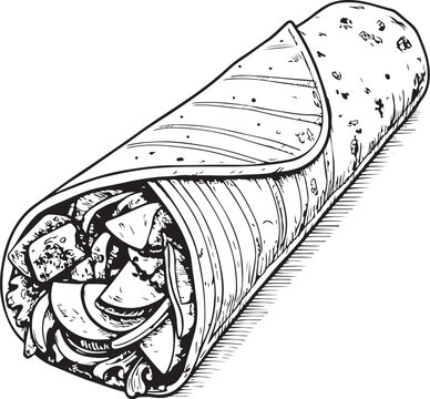 Shawarma (Middle East Cuisine) Chicken Wrap Vector Illustration, Sketch Drawing Line Linear Symbol Icon Engraving, Hand-drawn Doodle Black and White Isolated