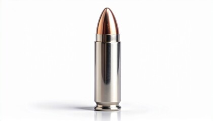 Render a single full metal jacket bullet with pointed tip and cylindrical body, polished metallic surface, standing upright on white background, emphasizing ballistic precision and engineered design.