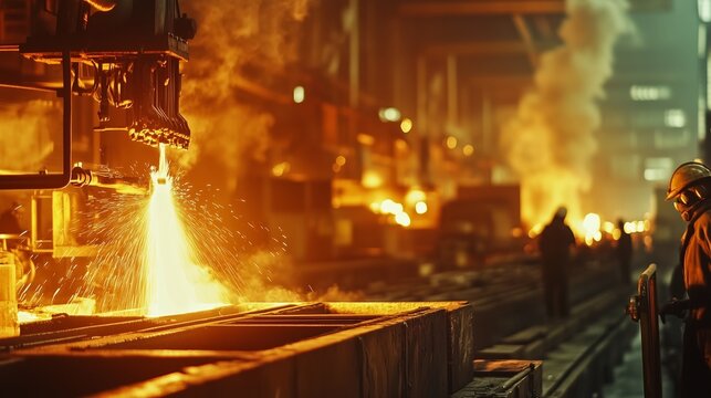 Steel workers in factory with molten metal. Video of a worker melting a realistic metallurgical furnace. Steel industry with a shallow depth of field. Metalworkers in a factory lifestyle handling.