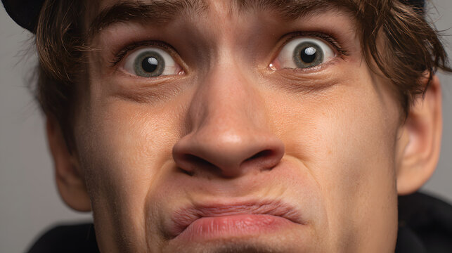 Humorous studio portrait of a young man reacting with exaggerated shock and disbelief, his eyes bulging and face scrunched up