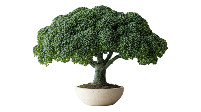 A unique conceptual image featuring a creatively styled bonsai tree meticulously crafted from fresh healthy broccoli florets presented in a small white pot on a contrasting black background.
