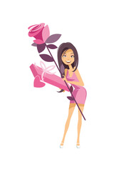 Young woman dressed in pink carrying a gift and a very large pink rose