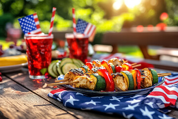 Colorful BBQ Skewers and Red Drinks with Flags