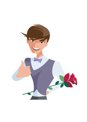 Young man giving thumbs up while holding a red rose