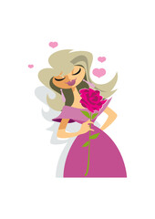 Woman in love surrounded by small pink hearts holding a pink rose