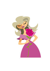 Beautiful woman with a long-stemmed pink rose