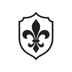 Black heraldic fleur de lis symbol inside a shield, isolated on white background technology background