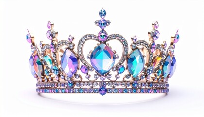 Render an ornate gold-toned crown with symmetrical design, featuring teardrop and round gemstones in blue, purple, and pink hues, isolated on white background, emphasizing regal elegance and craftsman
