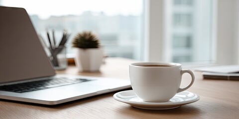 Coffee Cup on Saucer Beside Laptop on Wooden Desk.