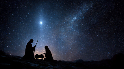 Silhouettes of Mary, mother of Jesus and Saint Joseph with the newborn Jesus Christ under the shining Christmas Star a symbolic depiction of the Nativity central to Christian myths and traditions.