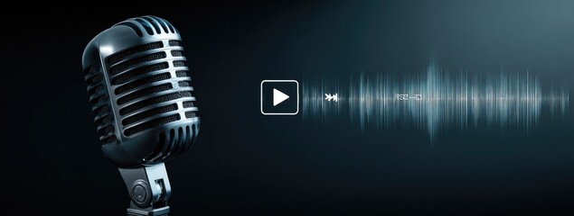 Vintage microphone with audio wave, recording and podcast concept.