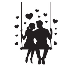 Black silhouette of a couple on a swing surrounded by hearts, isolated on white background technology background